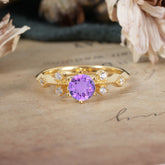 Round Cut Amethyst Engagement Ring Unique Distance Band Ring